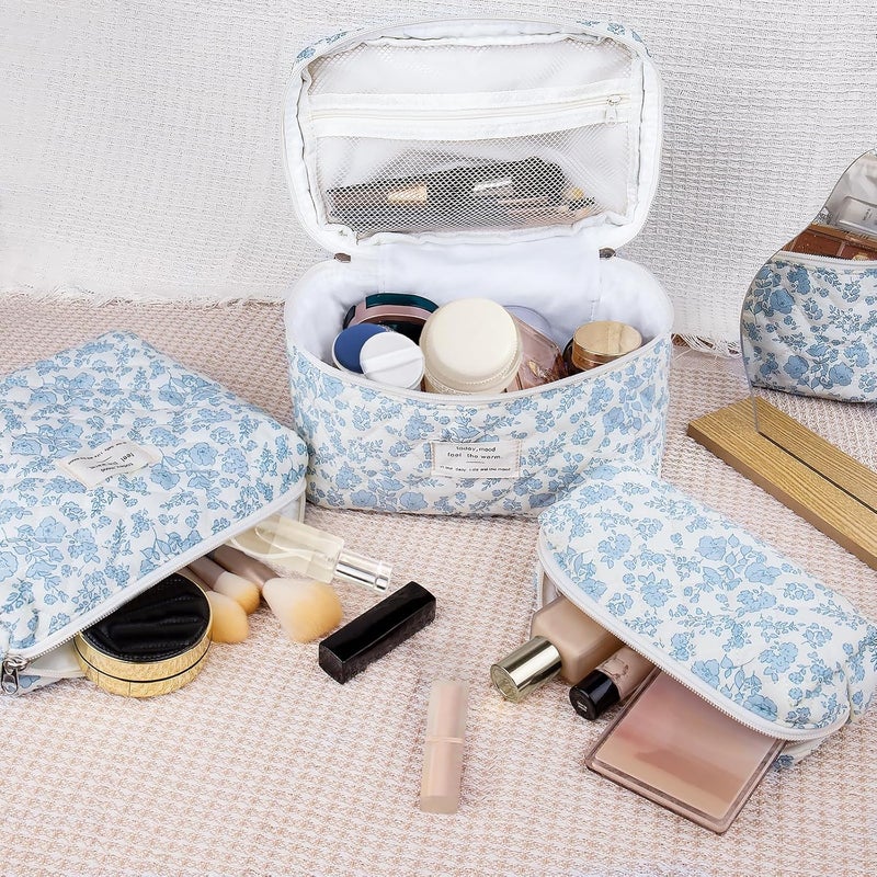 Gosect Makeup Bag, Large Quilted Cosmetic Bag, Big Floral Make Up Bag for Women Girls, Cute Cotton Makeup Bag Set, Flower Travel Toiletry Organizer Bag (Blue Flower) - Image 5